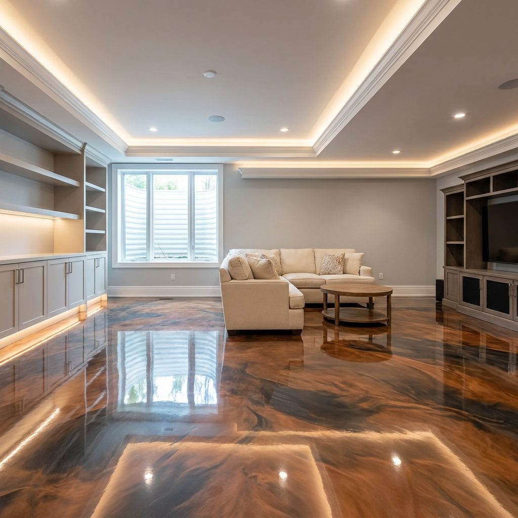 Coated basement floor with a glossy finish