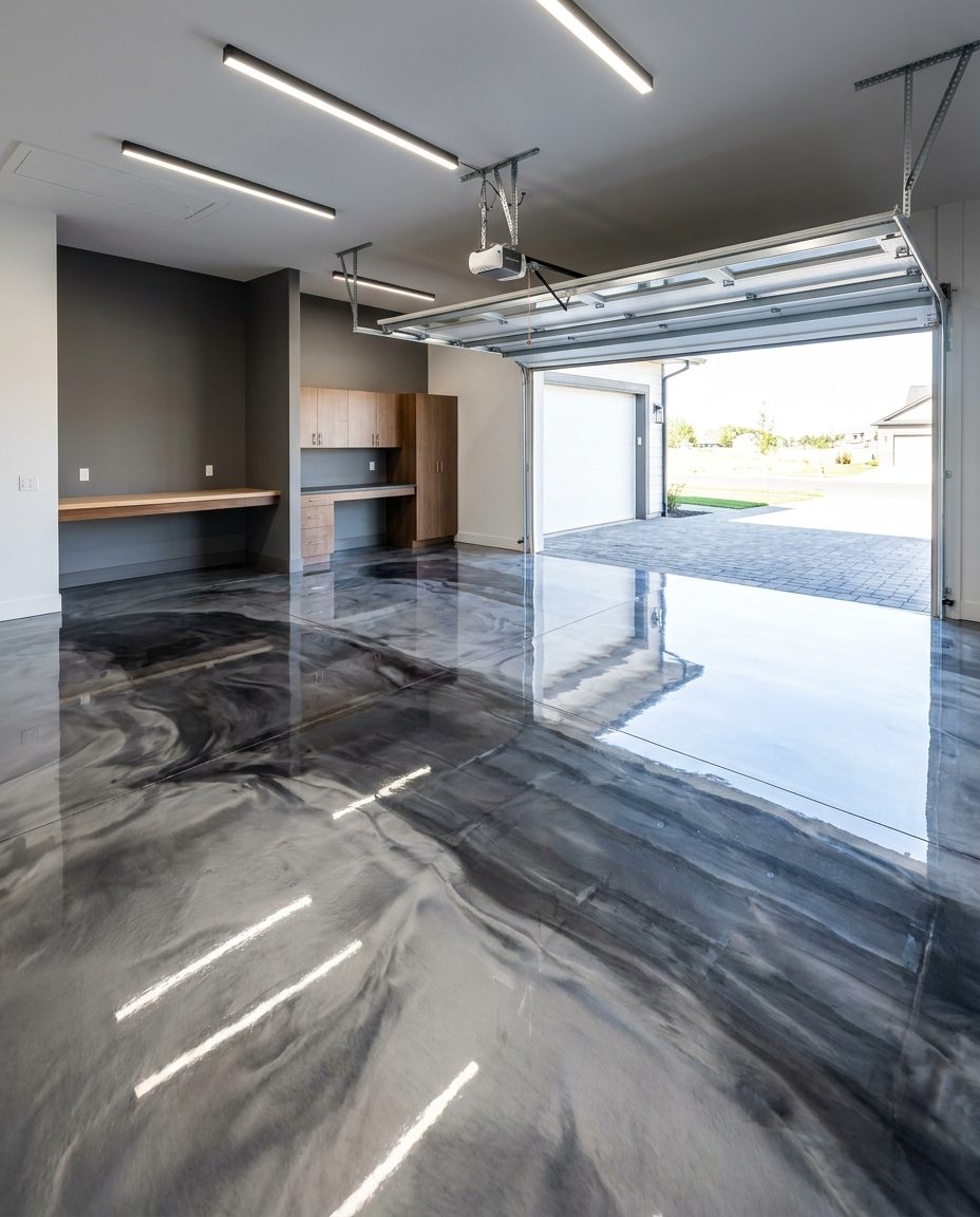 Glossy metallic epoxy garage floor