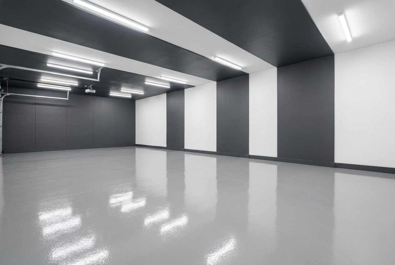 Clean solid-color epoxy floor with an even satin finish